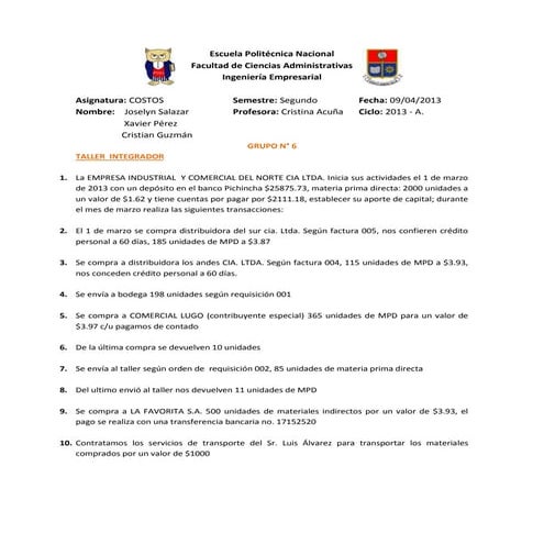 Ejercicio CONTABILIDAD DE COSTOS | PDF