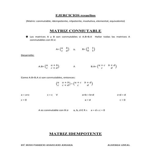 Ejercicios resueltos de matrices -	Matrices conmutable, idempotente, nilpoten...