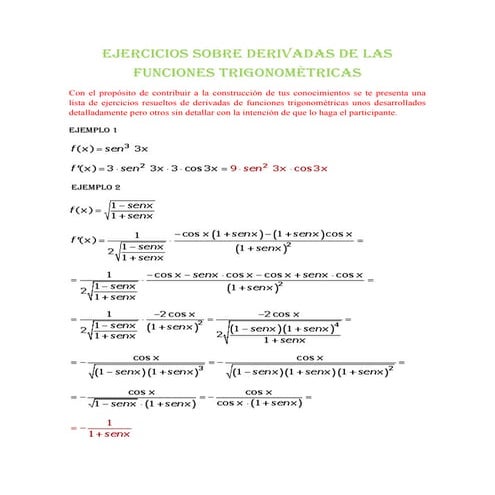 Ejercicios resueltos derivadas trigonométricas