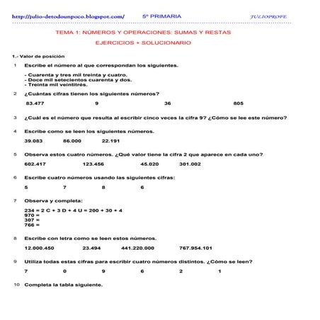 Ejercicios + solucionario sumas y restas