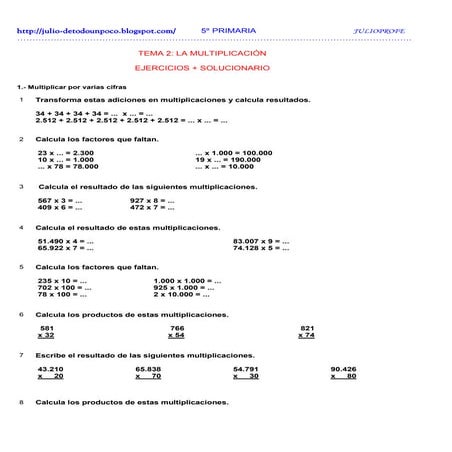 Ejercicios + solucionario La Multiplicación