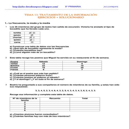 Ejercicios + solucionario de tratamiento de la información
