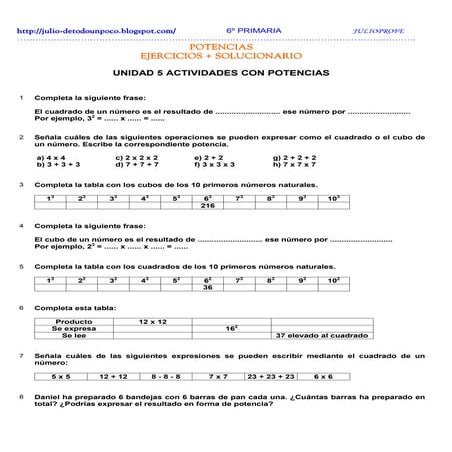 Ejercicios + solucionario potencias