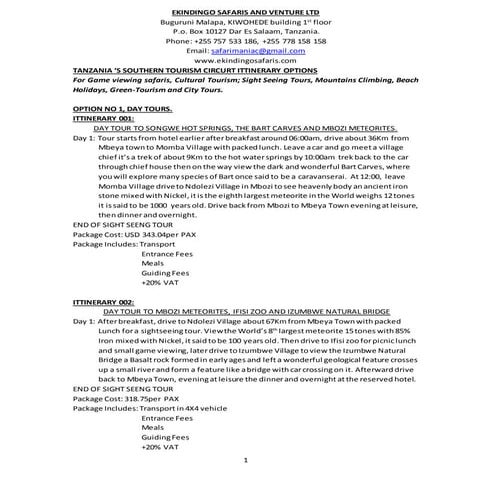 Tanzania's Southern Circuit Tourism Destinations Itinerary Options 