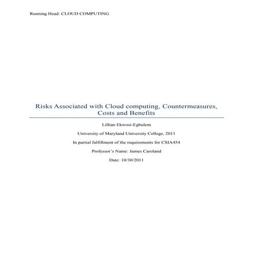 CLOUD COMPUTING -Risks, Countermeasures, Costs and Benefits-
