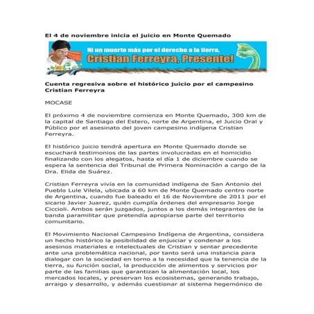 El 4 de noviembre inicia el juicio en Monte Quemado