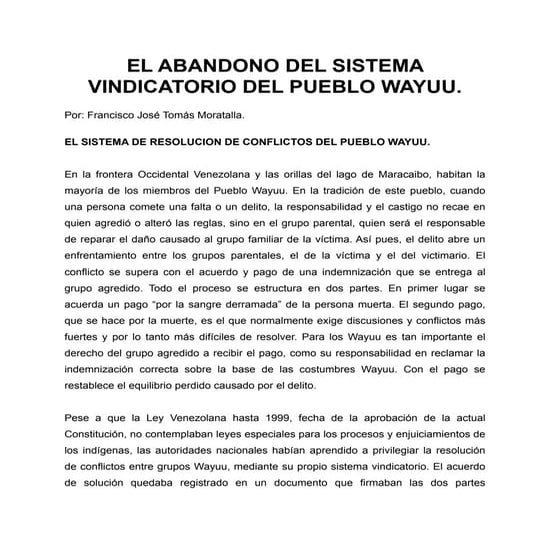 El abandono del sistema vindicatorio del pueblo wayuu