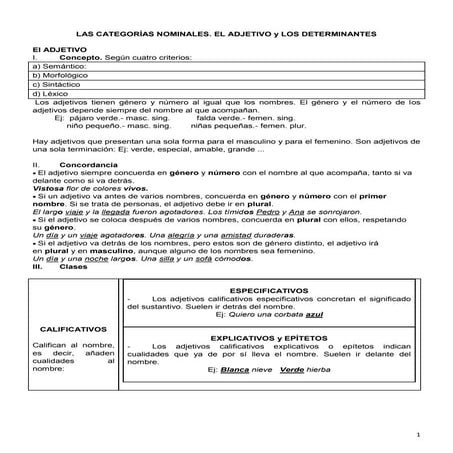 El adjetivo y los determinantes, material de clase