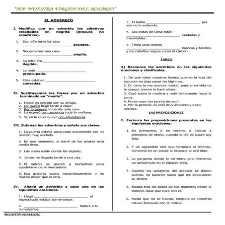 Hoja De Trabajo De Preposición O Adverbio Las Preposiciones De Lugar