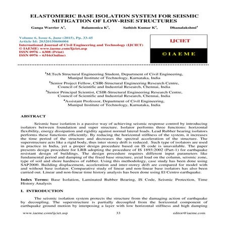 ELASTOMERIC BASE ISOLATION SYSTEM FOR SEISMIC MITIGATION OF LOW-RISE ...