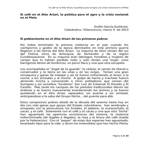 El café en el alto ariari, la política para el agro y la crisis nacional en e...