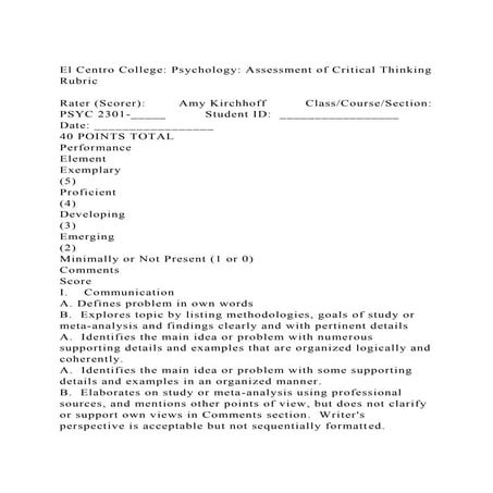 El Centro College Psychology Assessment of Critical Thinking Rub.docx