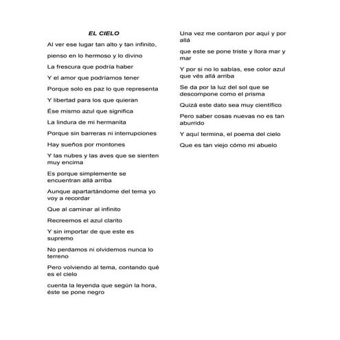 El Cielo Texto Descriptivo
