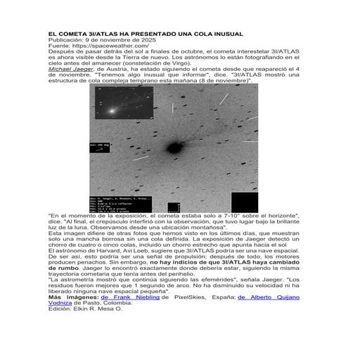 EL COMETA 3I ATLAS HA PRESENTADO UNA COLA INUSUAL - spaceweather.com - Nov 9,...