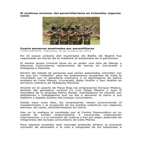 El continúo accionar del paramilitarismo en Colombia: algunos casos