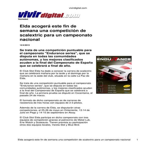 Elda acogerá este fin de semana una competición de scalextric para un campeonato nacional