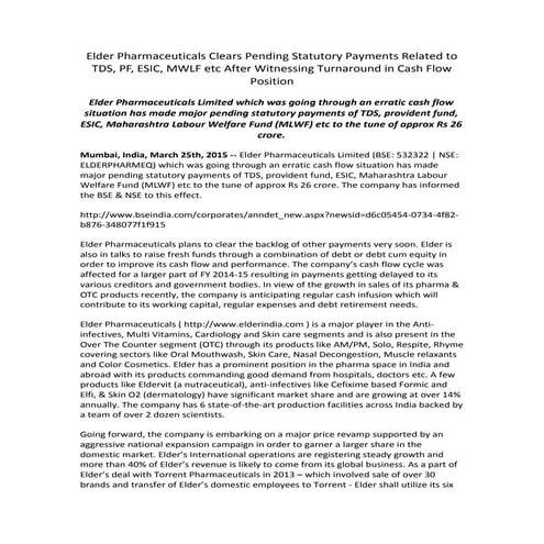 Elder Pharmaceuticals Clears Pending Statutory Payments Related to TDS, PF, E...