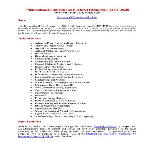 4th International Conference on Electrical Engineering (ELEC 2020) | PDF