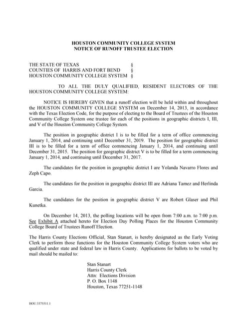 HCCS Board of Trustee Election notice PDF HCCS Board of Trustee Election notice PDF