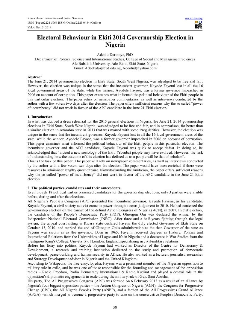 Electoral behaviour in ekiti 2014 governorship election in nigeria