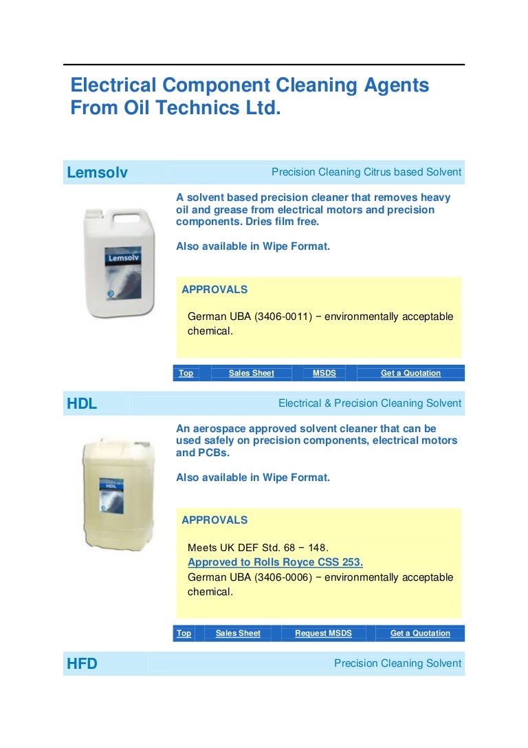 Electrical Component Cleaning Agents Manufactured By Oil Technics Ltd