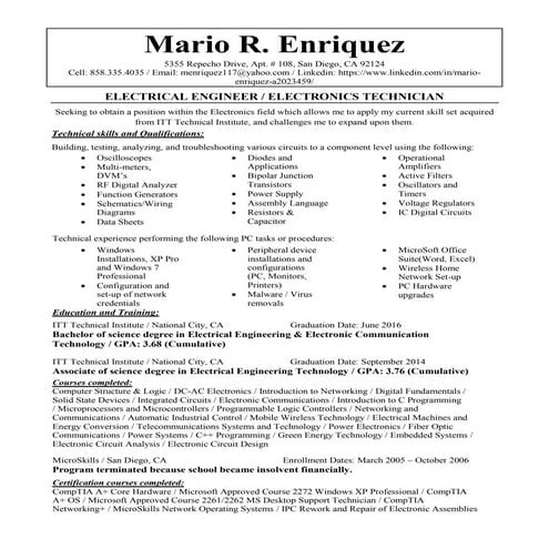 Electrical engineer   electronics technician resume