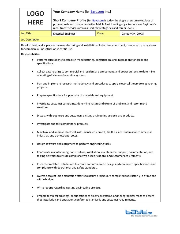 Electrical Engineer Job Description Template by Bayt.com