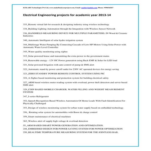 IEEE Electrical Engineering projects for Bangalore Students for Academic year...