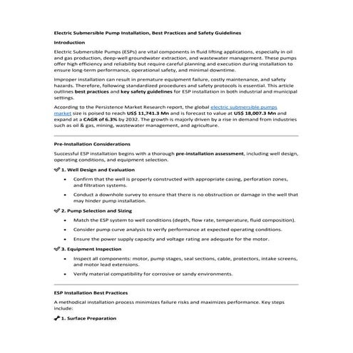 Electric Submersible Pump Installation, Best Practices and Safety Guidelines