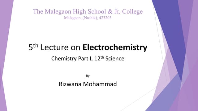 5th Lecture on Electrochemistry | Chemistry Part I | 12th Std