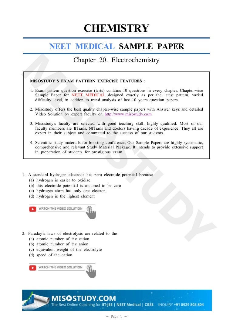 Electrochemistry Sample Paper for NEET 2019