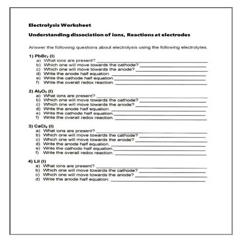 Electrolysis worksheet   ion dissociation