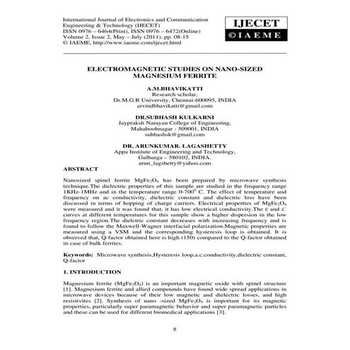 Electromagnetic studies on nano sized magnesium ferrite