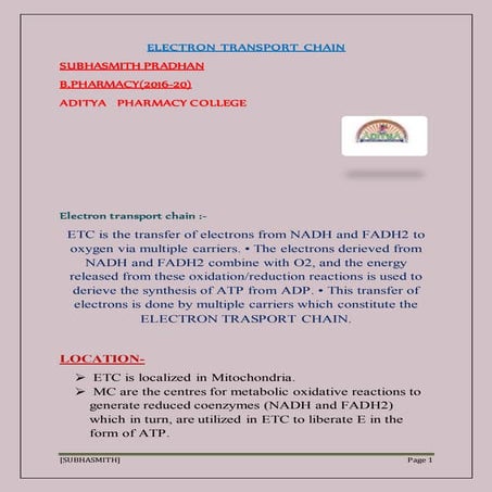 Complexes of ETC, their composition and flow of electrons through the ...