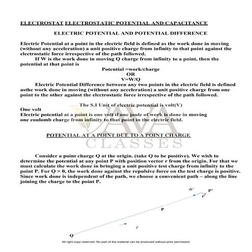 ELECTROSTAT ELECTROSTATIC POTENTIAL AND CAPACITANCE Class 12 Study material i...