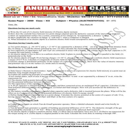 CURRENT ELECTRICITY/ELECTROSTATICS FOR CBSE FREE REVISION SHEET  BY ANURAG TY...