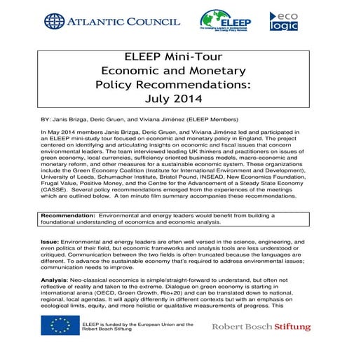 ELEEP Policy Recommendations: Economic and Monetary Policy