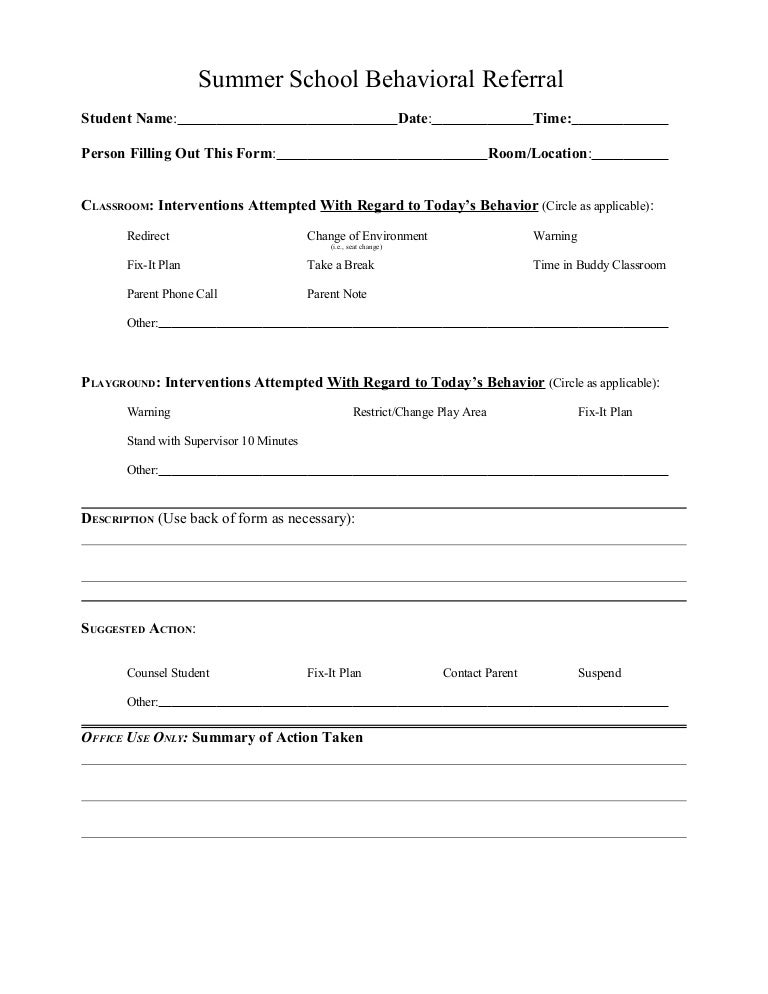 Elementary School Behavior Referral