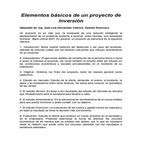Elementos básicos de un proyecto de inversión | PDF