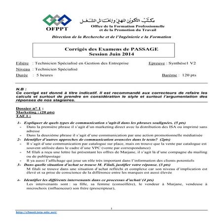 correction et corrigé de l'examen de passage TSGE 2014 Variante 2 ...