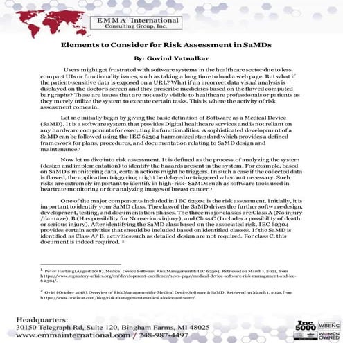 Elements to Consider for Risk Assessment in SaMDs