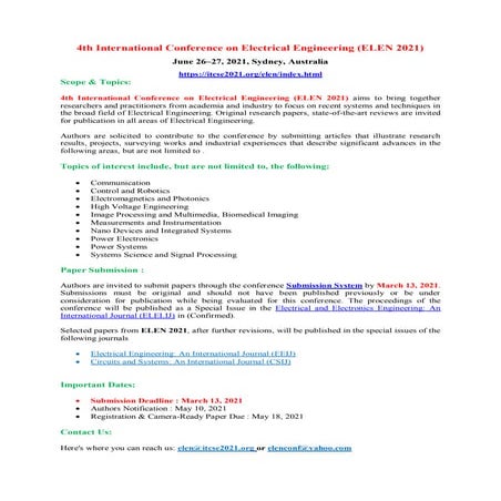 4th International Conference on Electrical Engineering (ELEN 2021)