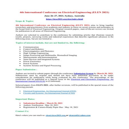 4th International Conference on Electrical Engineering (ELEN 2021) 