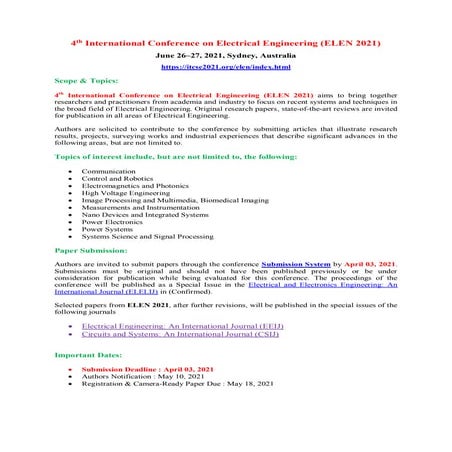 4th International Conference on Electrical Engineering (ELEN 2021)