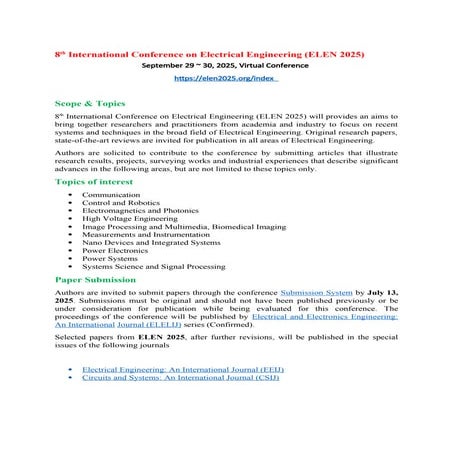 8th International Conference on Electrical Engineering (ELEN 2025) | DOCX