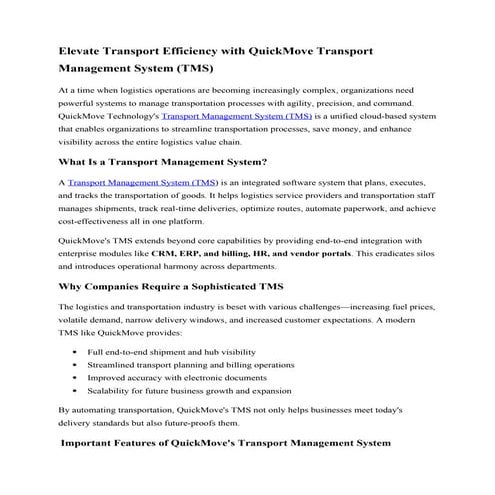 Elevate Transport Efficiency with QuickMove Transport Management System (TMS)...