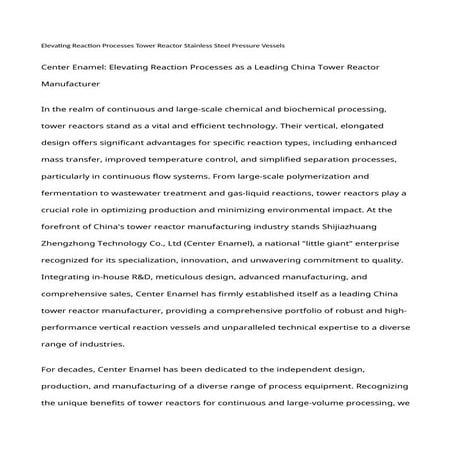 Elevating Reaction Processes Tower Reactor Stainless Steel Pressure ...