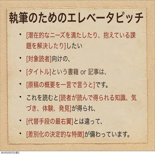「執筆のためのエレベータピッチ」のテンプレート