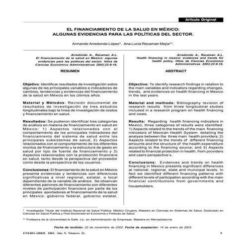 El financiamiento de la salud en méxico. algunas evidencias para las politica...
