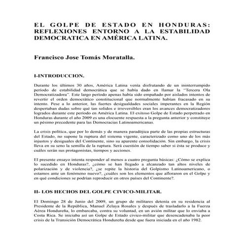El golpe de estado en honduras  reflexiones entorno a la estabilidad democratica en américa latina.  